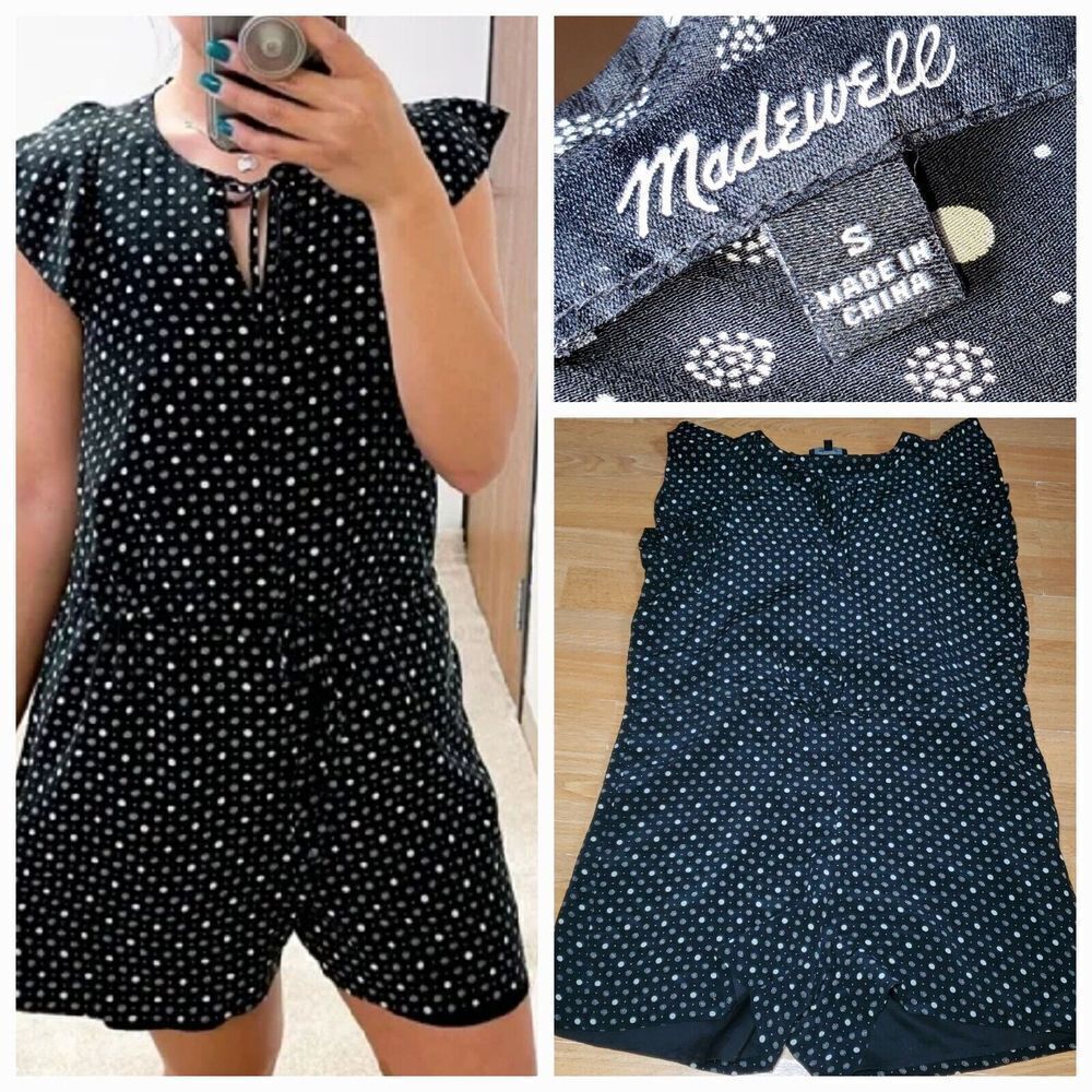 Madewell Petalplay Dotmix Romper Size Small‎ Black Silk Flutter Sleeve Shorts